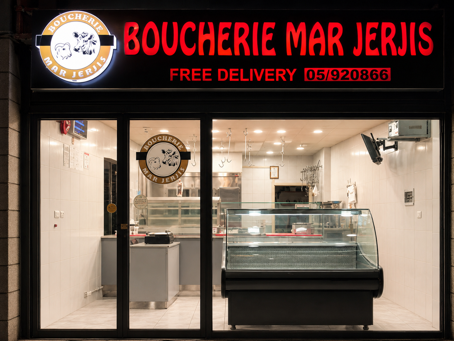 Boucherie Mar Jerjis storefront and clean butcher shop interior in Baabda